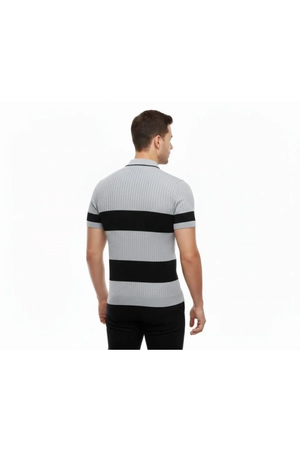 Bidebuvar Erkek T-shirt Çizgili Triko Dokuma Kumaş Polo Yaka Yarım Fermuarlı Regular Kalıp Tişört - Gri