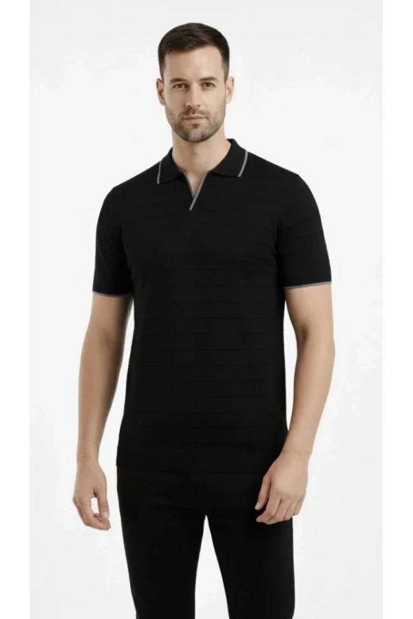 Bidebuvar Erkek Triko Kumaş Yakalı Düğmesiz Açık Yaka Fitilli Kısa Kollu Regular Fit Tişört T-shirt - Siyah