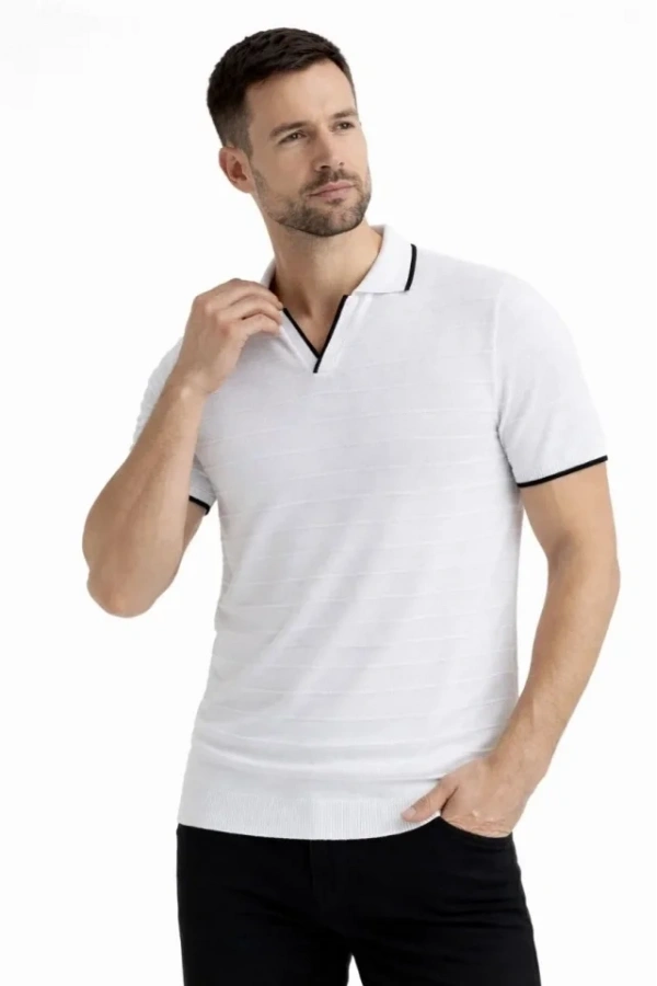 Bidebuvar Erkek Triko Kumaş Yakalı Düğmesiz Açık Yaka Fitilli Kısa Kollu Regular Fit Tişört T-shirt - Beyaz