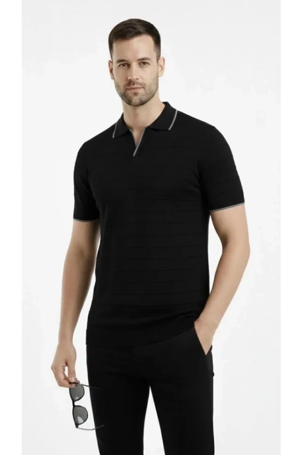 Bidebuvar Erkek Triko Kumaş Yakalı Düğmesiz Açık Yaka Fitilli Kısa Kollu Regular Fit Tişört T-shirt - Siyah