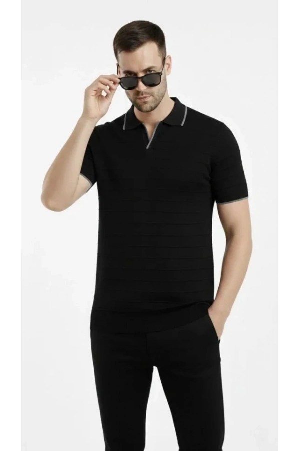 Bidebuvar Erkek Triko Kumaş Yakalı Düğmesiz Açık Yaka Fitilli Kısa Kollu Regular Fit Tişört T-shirt - Siyah