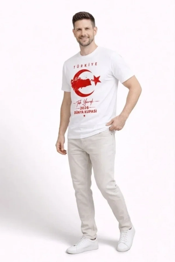 Bidebuvar Erkek TÜRKİYE Ay Yıldız Baskılı Taraftar Forma T-Shirt - Beyaz