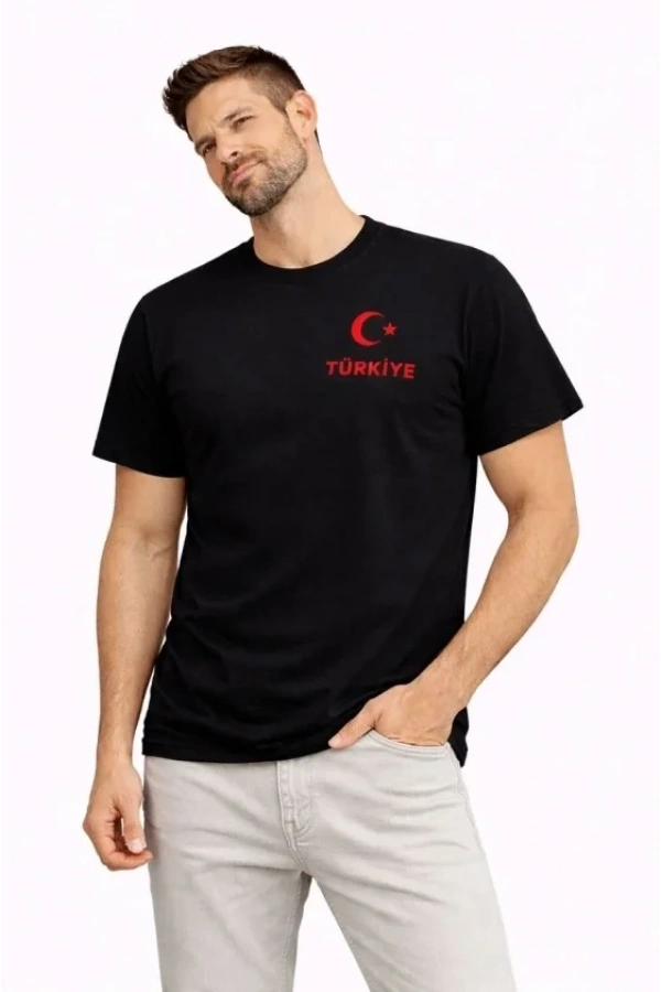 Bidebuvar Erkek TÜRKİYE Ay Yıldız Baskılı Taraftar Forma T-Shirt - Siyah