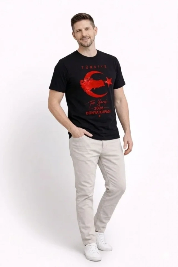Bidebuvar Erkek TÜRKİYE Ay Yıldız Baskılı Taraftar Forma T-Shirt - Siyah