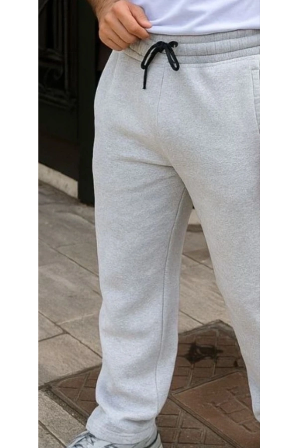 Bidebuvar Erkek Üç Iplik Kışlık Pamuklu Ovarsize Bağcıklı Düz Paça Cepli Eşofman Altı Spor Rahat Model - Gri