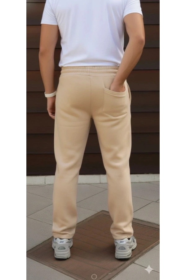 Bidebuvar Erkek Üç Iplik Kışlık Pamuklu Ovarsize Bağcıklı Düz Paça Cepli Eşofman Altı Spor Rahat Model - Bej