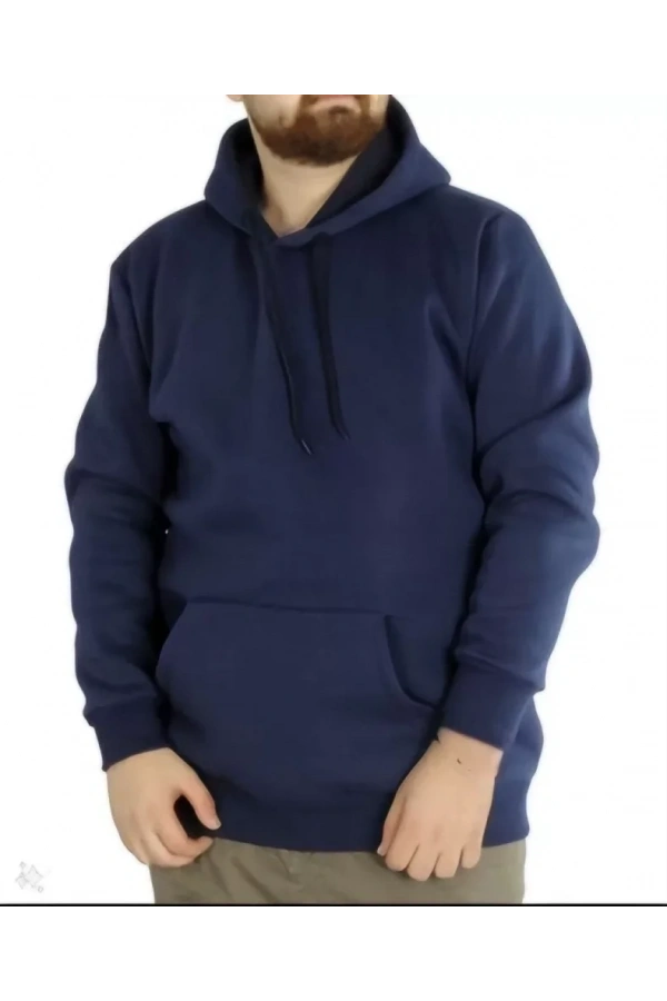 Bidebuvar Erkek Uzun Kol Kapşonlu Basic Sweatshirt Hoodie - Lacivert