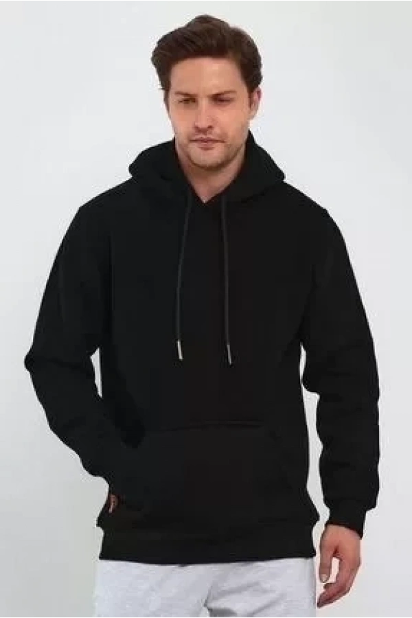 Bidebuvar Erkek Uzun Kol Kapşonlu Basic Sweatshirt Hoodie - Siyah