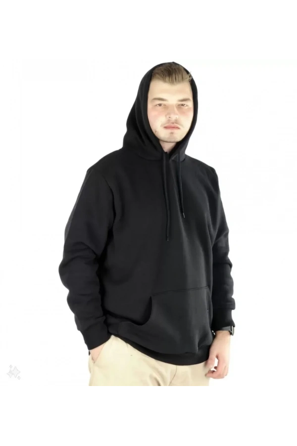 Bidebuvar Erkek Uzun Kol Kapşonlu Basic Sweatshirt Hoodie - Siyah