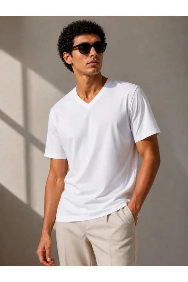 Bidebuvar Erkek V Yaka Basic Tişört Kısa Kol Yazlık Regular Fit T-Shirt - Beyaz