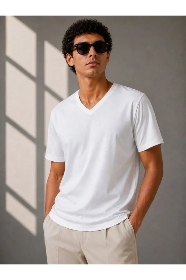 Bidebuvar Erkek V Yaka Basic Tişört Kısa Kol Yazlık Regular Fit T-Shirt - Beyaz