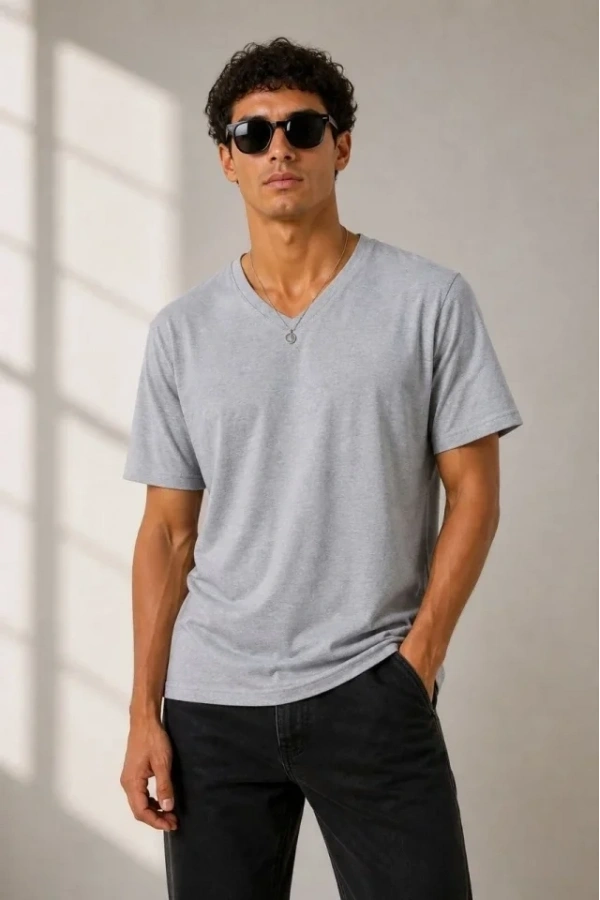 Bidebuvar Erkek V Yaka Basic Tişört Kısa Kol Yazlık Regular Fit T-Shirt - Gri