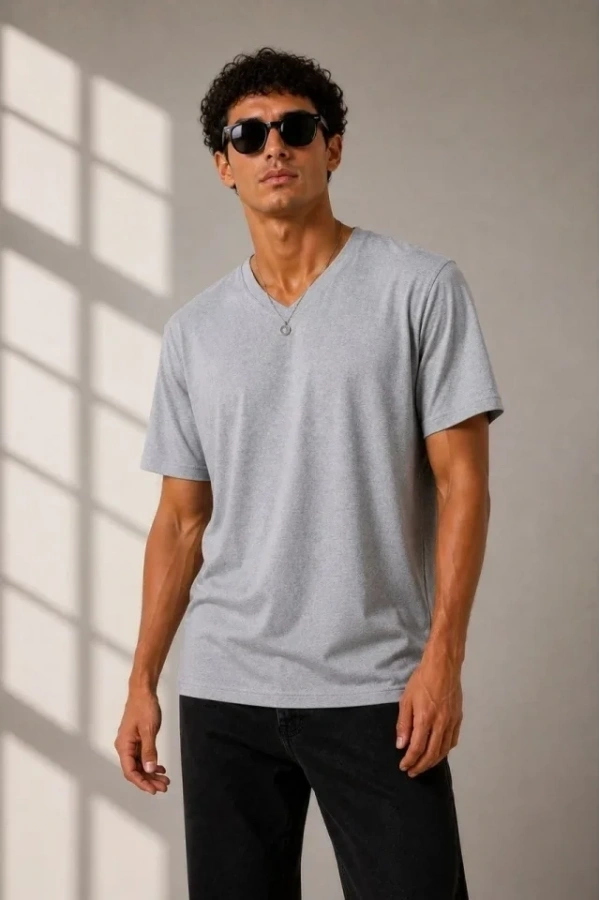 Bidebuvar Erkek V Yaka Basic Tişört Kısa Kol Yazlık Regular Fit T-Shirt - Gri