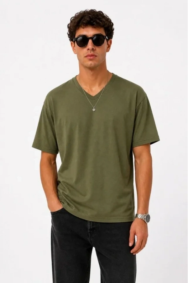 Bidebuvar Erkek V Yaka Basic Tişört Kısa Kol Yazlık Regular Fit T-Shirt - Haki