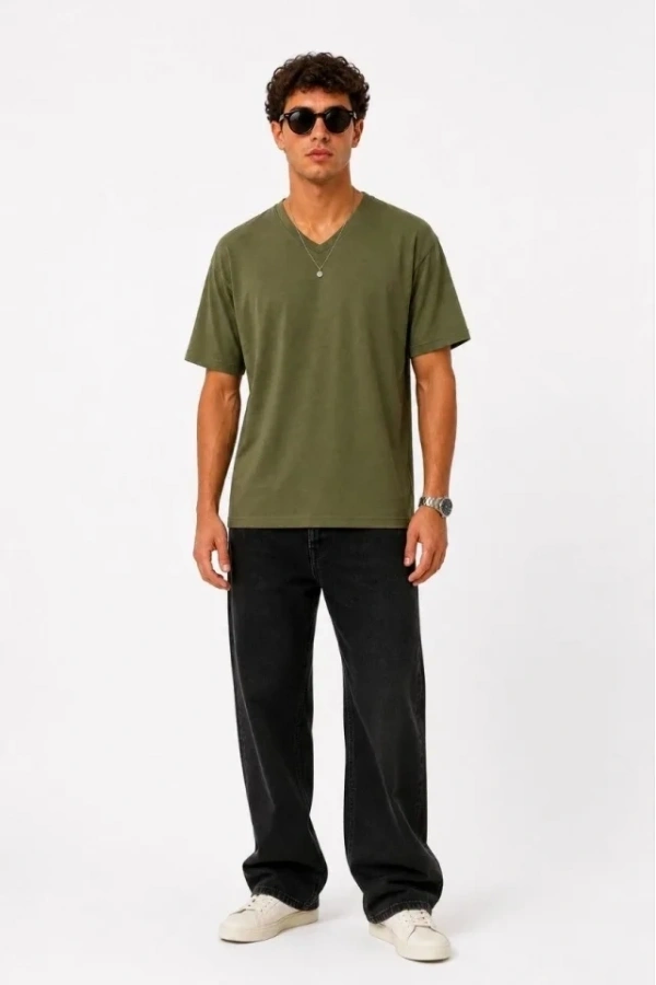 Bidebuvar Erkek V Yaka Basic Tişört Kısa Kol Yazlık Regular Fit T-Shirt - Haki