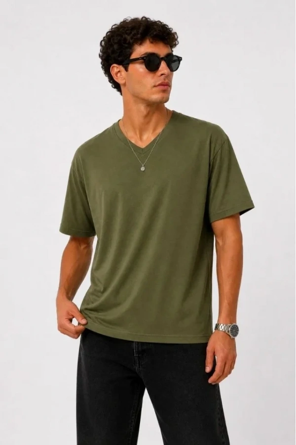 Bidebuvar Erkek V Yaka Basic Tişört Kısa Kol Yazlık Regular Fit T-Shirt - Haki