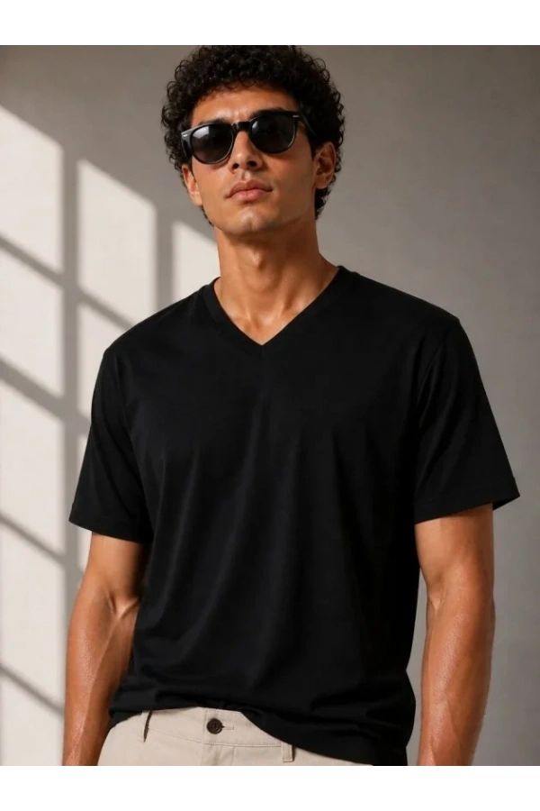 Bidebuvar Erkek V Yaka Basic Tişört Kısa Kol Yazlık Regular Fit T-Shirt - Siyah