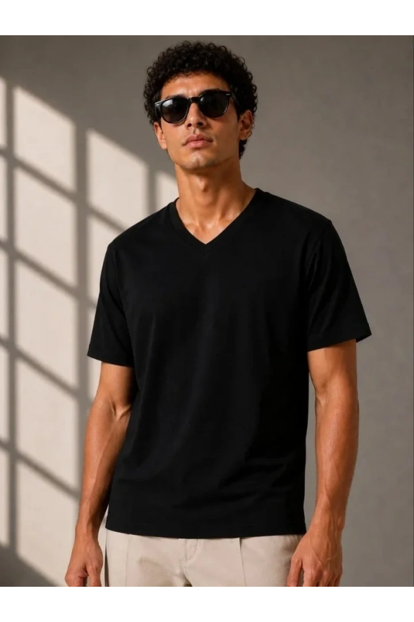 Bidebuvar Erkek V Yaka Basic Tişört Kısa Kol Yazlık Regular Fit T-Shirt - Siyah