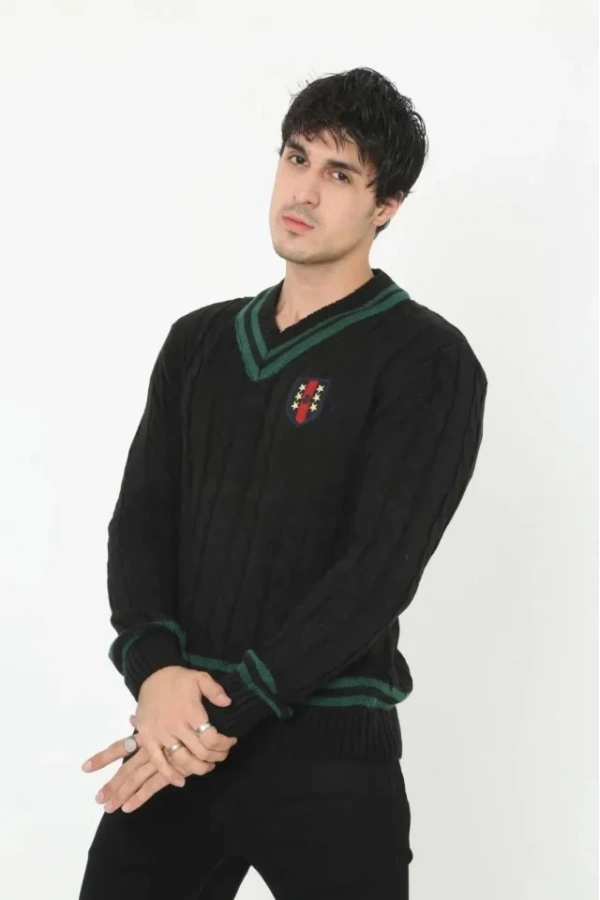 Bidebuvar Erkek V Yaka Örgülü Kazak - Siyah