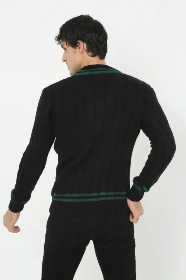 Bidebuvar Erkek V Yaka Örgülü Kazak - Siyah