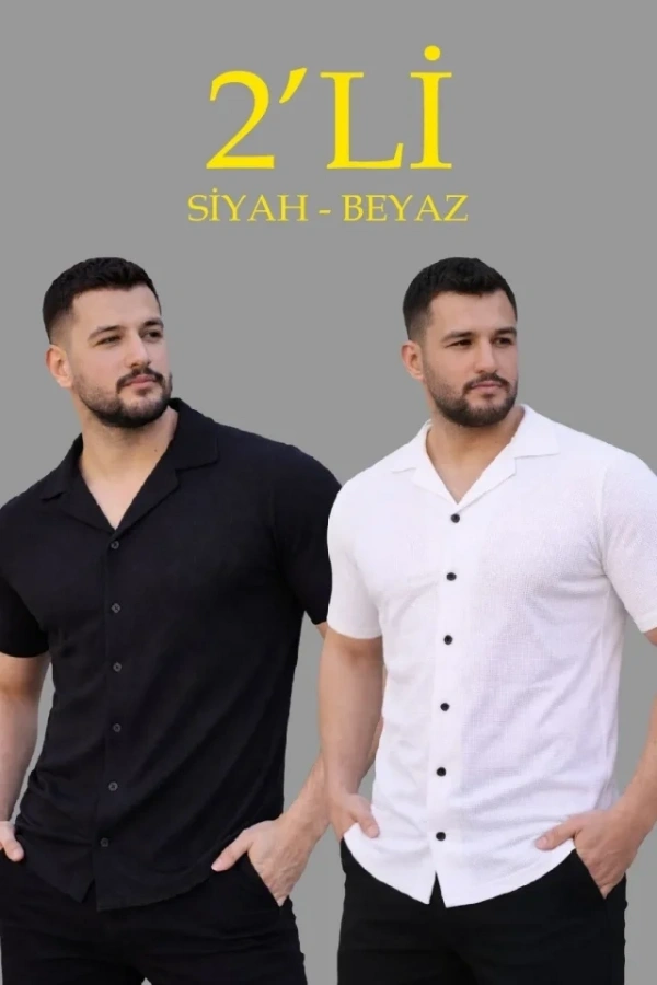 Bidebuvar Erkek Waffle Dokuma Açık Yakalı Düğmeli Regular Kalıp 2’li Gömlek Seti - Siyah - Beyaz
