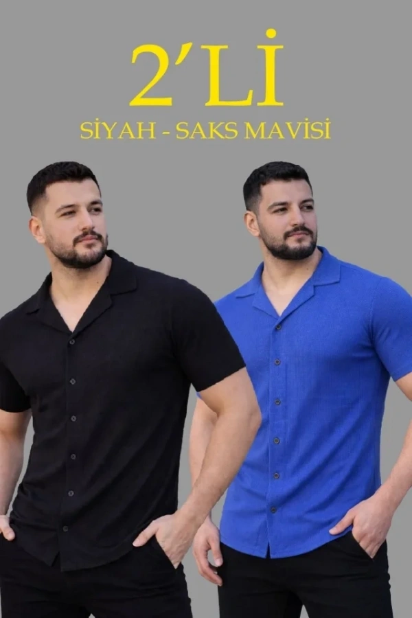 Bidebuvar Erkek Waffle Dokuma Açık Yakalı Düğmeli Regular Kalıp 2’li Gömlek Seti - Siyah - Saks Mavisi