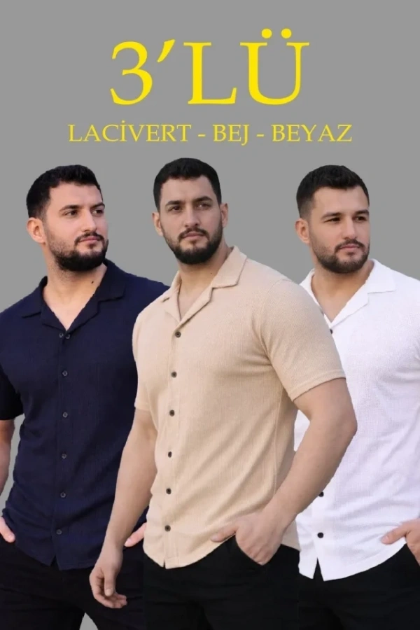 Bidebuvar Erkek Waffle Dokuma Açık Yakalı Düğmeli Regular Kalıp 3’lü Gömlek Seti - Bej, Beyaz, Lacivert