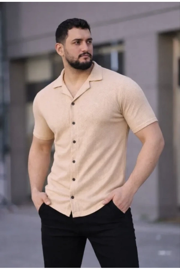 Bidebuvar Erkek Waffle Dokuma Açık Yakalı Düğmeli Regular Kalıp 3’lü Gömlek Seti - Bej, Beyaz, Lacivert