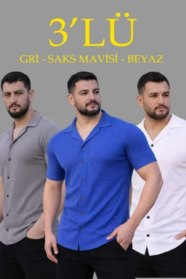 Bidebuvar Erkek Waffle Dokuma Açık Yakalı Düğmeli Regular Kalıp 3’lü Gömlek Seti - Gri, Saks Mavisi, Beyaz