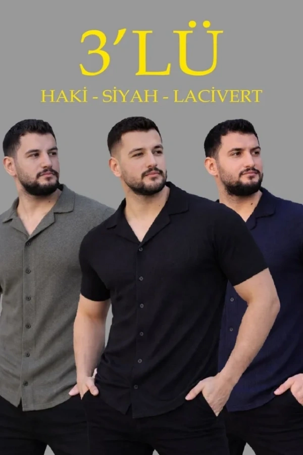 Bidebuvar Erkek Waffle Dokuma Açık Yakalı Düğmeli Regular Kalıp 3’lü Gömlek Seti - Siyah, Haki, Lacivert