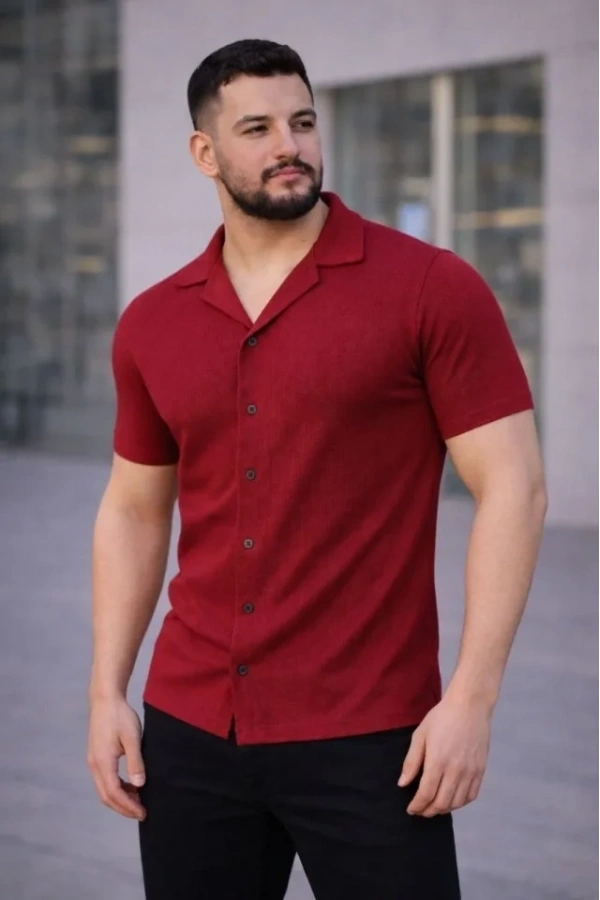 Bidebuvar Erkek Waffle Dokuma Açık Yakalı Düğmeli Regular Kalıp 3’lü Gömlek Seti - Siyah, Kırmızı, Beyaz