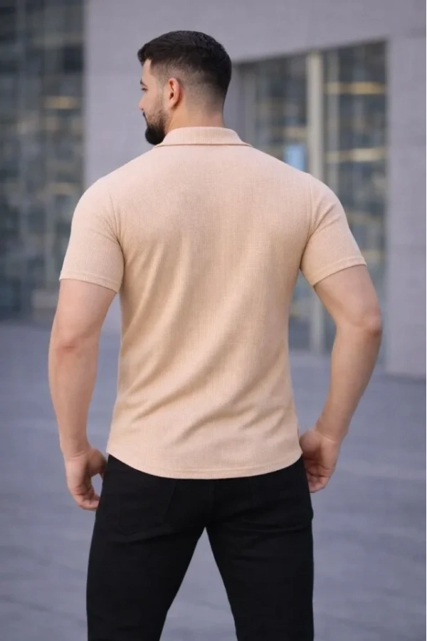 Bidebuvar Erkek Waffle Kumaş Kısa Kollu Düğmeli Açık Yaka Regular Fit Gömlek - Bej