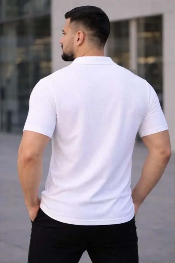 Bidebuvar Erkek Waffle Kumaş Kısa Kollu Düğmeli Açık Yaka Regular Fit Gömlek - Beyaz