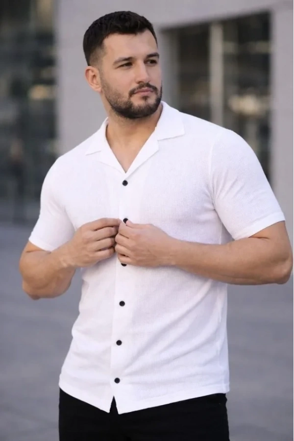 Bidebuvar Erkek Waffle Kumaş Kısa Kollu Düğmeli Açık Yaka Regular Fit Gömlek - Beyaz