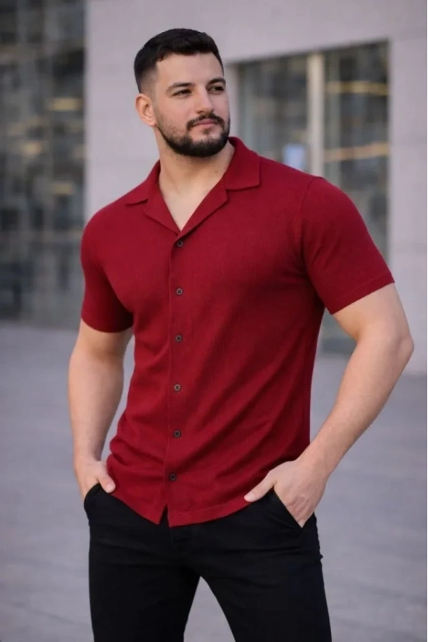 Bidebuvar Erkek Waffle Kumaş Kısa Kollu Düğmeli Açık Yaka Regular Fit Gömlek - Kırmızı