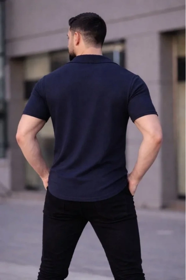 Bidebuvar Erkek Waffle Kumaş Kısa Kollu Düğmeli Açık Yaka Regular Fit Gömlek - Lacivert