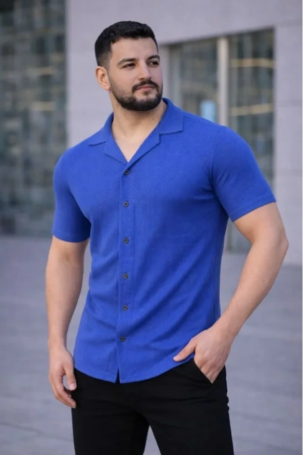 Bidebuvar Erkek Waffle Kumaş Kısa Kollu Düğmeli Açık Yaka Regular Fit Gömlek - Saks Mavisi