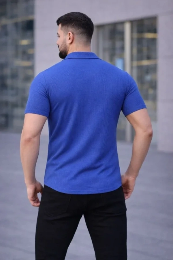 Bidebuvar Erkek Waffle Kumaş Kısa Kollu Düğmeli Açık Yaka Regular Fit Gömlek - Saks Mavisi