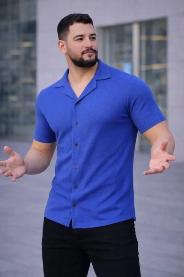 Bidebuvar Erkek Waffle Kumaş Kısa Kollu Düğmeli Açık Yaka Regular Fit Gömlek - Saks Mavisi