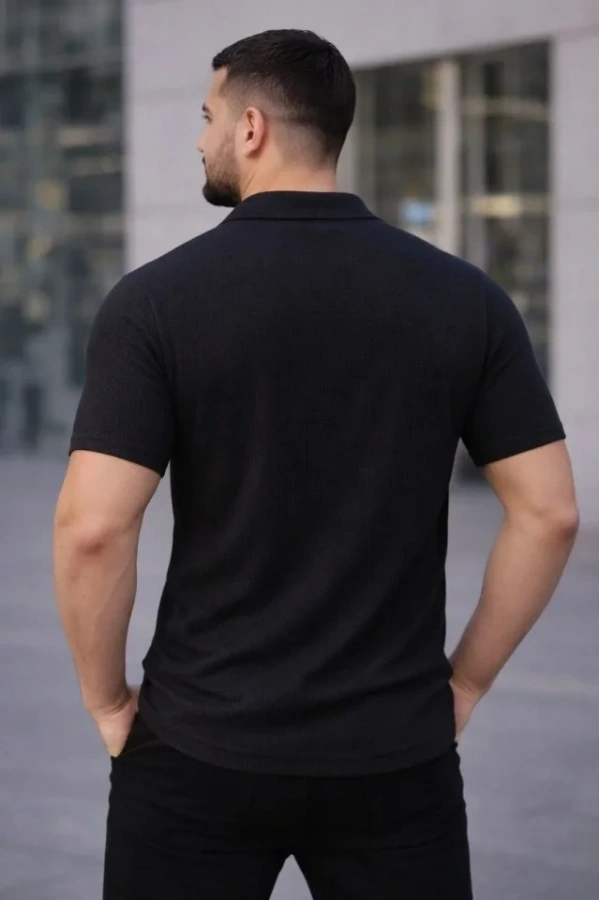 Bidebuvar Erkek Waffle Kumaş Kısa Kollu Düğmeli Açık Yaka Regular Fit Gömlek - Siyah