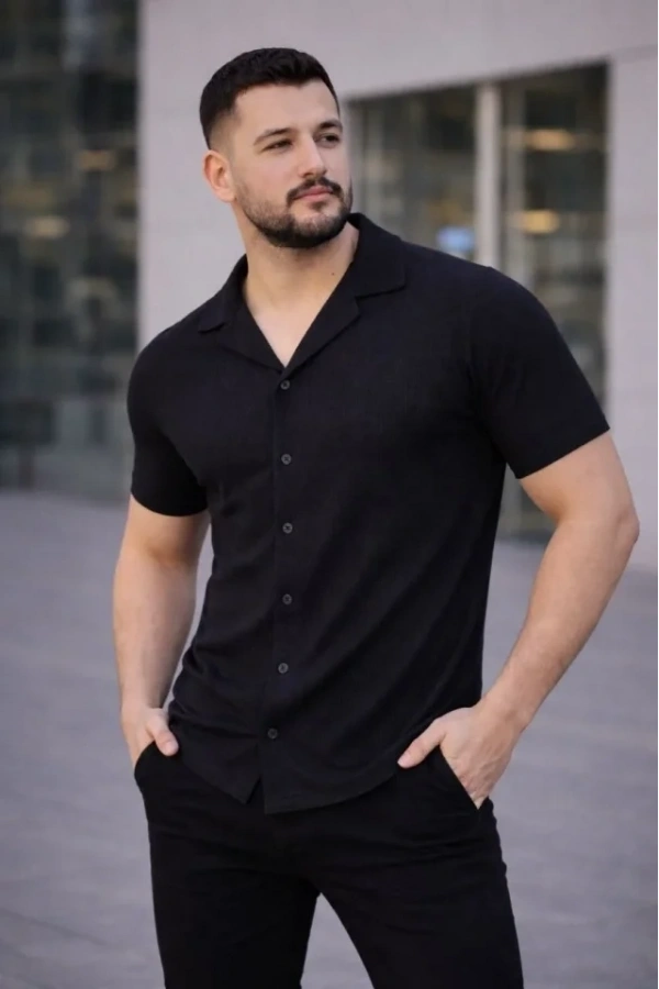 Bidebuvar Erkek Waffle Kumaş Kısa Kollu Düğmeli Açık Yaka Regular Fit Gömlek - Siyah
