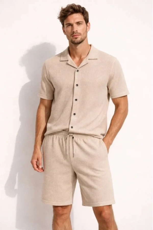 Bidebuvar Erkek Waffle Kumaş Kısa Kollu Gömlek Şort Takım Regular Fit Yazlık İkili Set - Bej