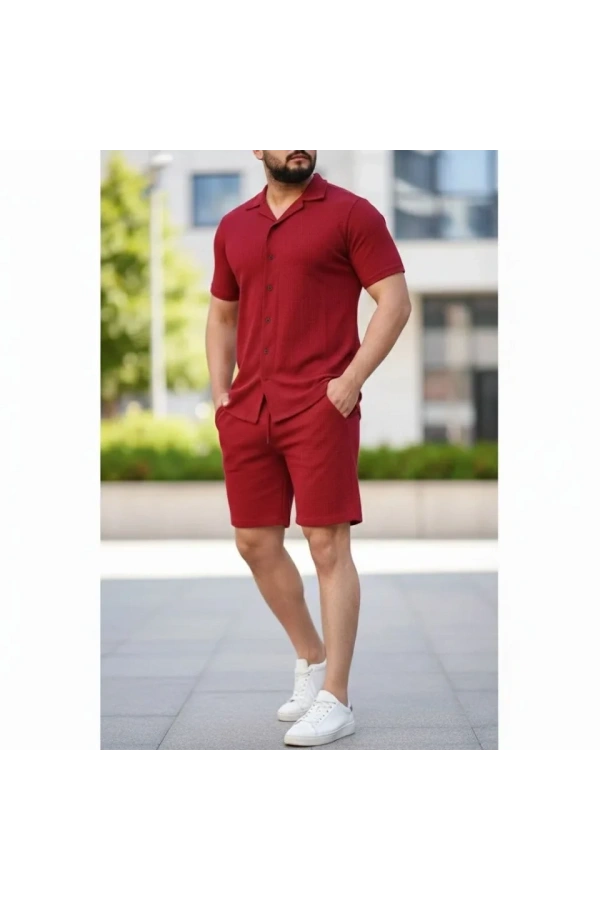 Bidebuvar Erkek Waffle Kumaş Kısa Kollu Gömlek Şort Takım Regular Fit Yazlık İkili Set - Bordo