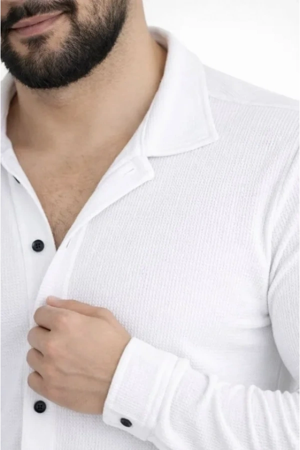 Bidebuvar Erkek Waffle Kumaş Uzun Kollu Düğmeli Açık Yaka Regular Fit Gömlek - Beyaz