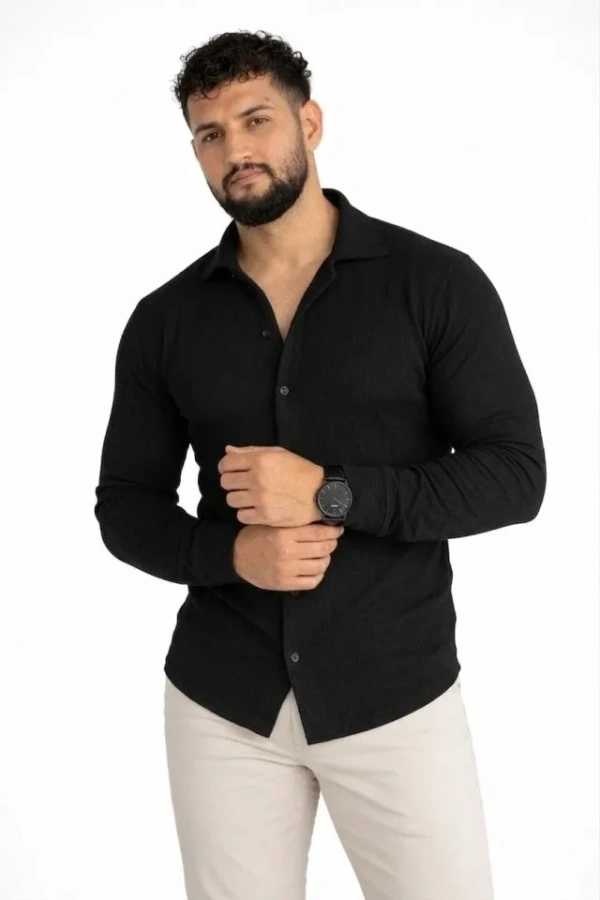 Bidebuvar Erkek Waffle Kumaş Uzun Kollu Düğmeli Açık Yaka Regular Fit Gömlek - Siyah