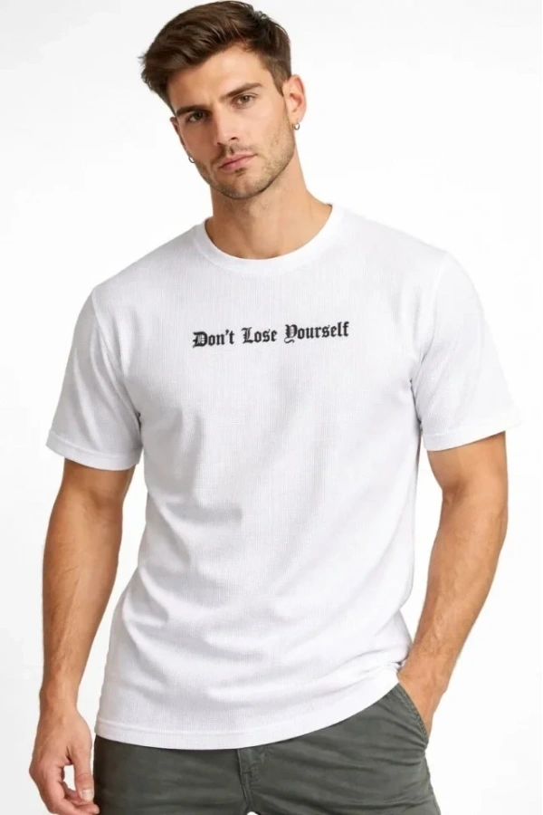 Bidebuvar Erkek Wafıl Kumaş Tişört Regular Kalıp Bisiklet Yaka Baskılı Günlük Basic T-Shirt - Beyaz