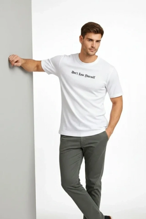 Bidebuvar Erkek Wafıl Kumaş Tişört Regular Kalıp Bisiklet Yaka Baskılı Günlük Basic T-Shirt - Beyaz