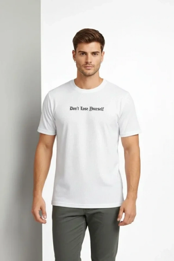 Bidebuvar Erkek Wafıl Kumaş Tişört Regular Kalıp Bisiklet Yaka Baskılı Günlük Basic T-Shirt - Beyaz