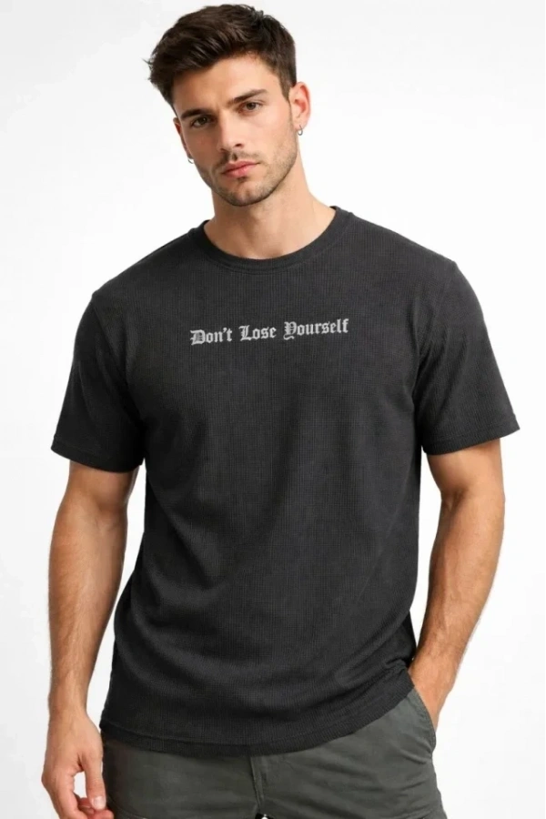 Bidebuvar Erkek Wafıl Kumaş Tişört Regular Kalıp Bisiklet Yaka Baskılı Günlük Basic T-Shirt - Siyah