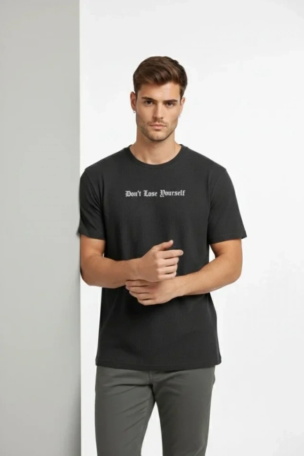 Bidebuvar Erkek Wafıl Kumaş Tişört Regular Kalıp Bisiklet Yaka Baskılı Günlük Basic T-Shirt - Siyah